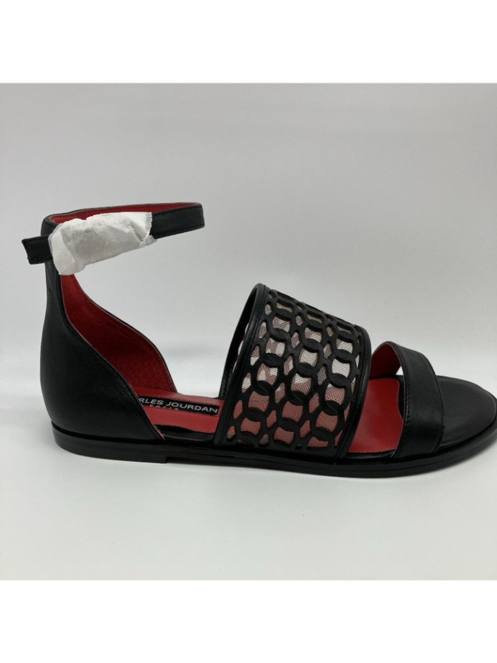 Charles Jourdan Black Laser Cut Sandals Ankle Strap Red Sole Size 6M - T17 - Picture 2 of 10